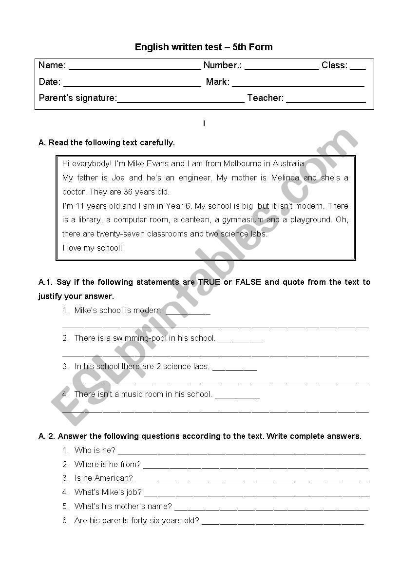 Written test worksheet