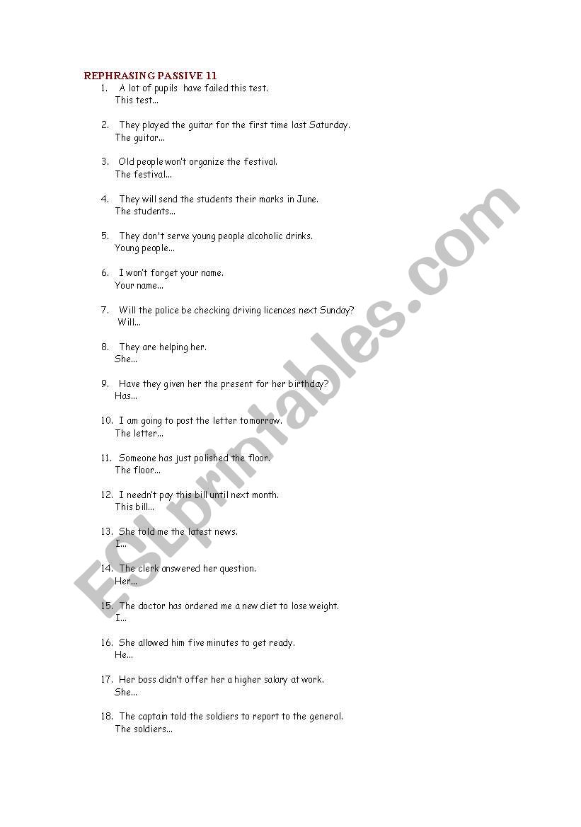 REPHRASING  passive 11 worksheet