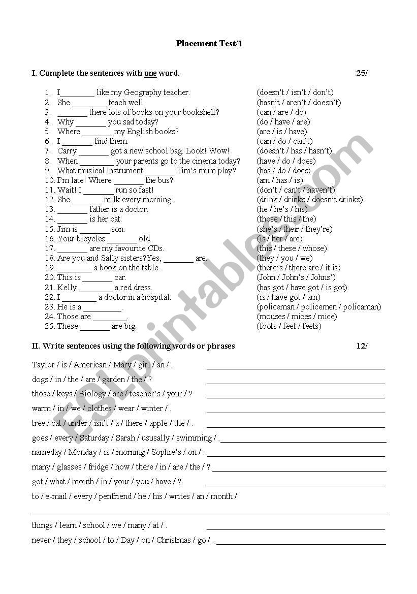 Placement Test for elementary pupils