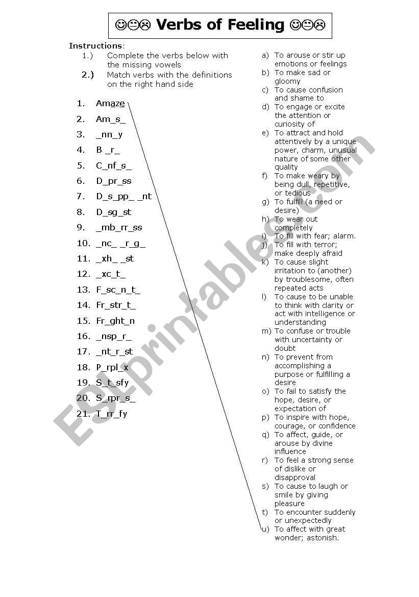 Verbs of feeling worksheet