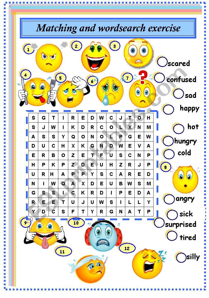 feelings:matching and wordsearch exercise