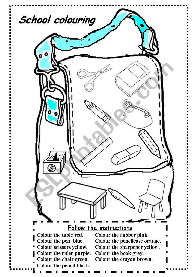 school objects colouring worksheet