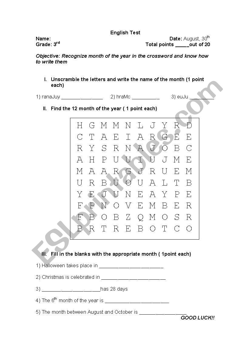 month of the year worksheet