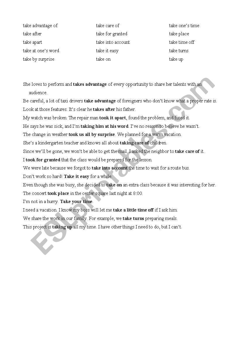 Take Phrasal Verbs Part 1 worksheet