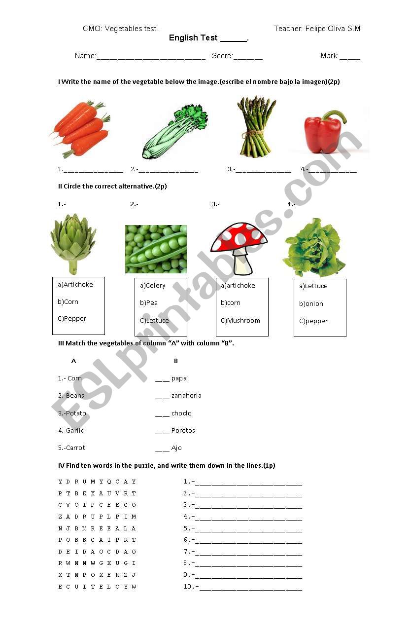 Vegetables test worksheet