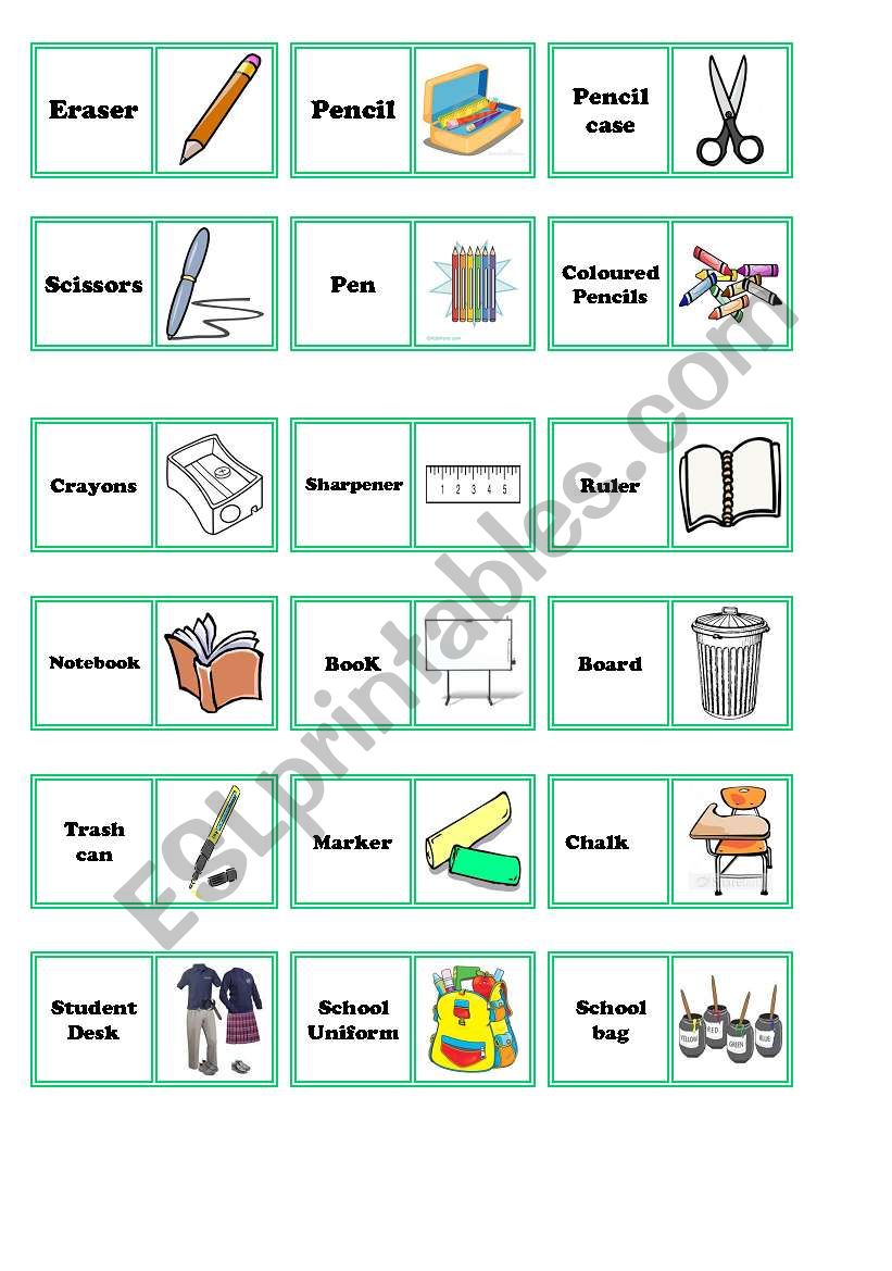 school objects domino worksheet