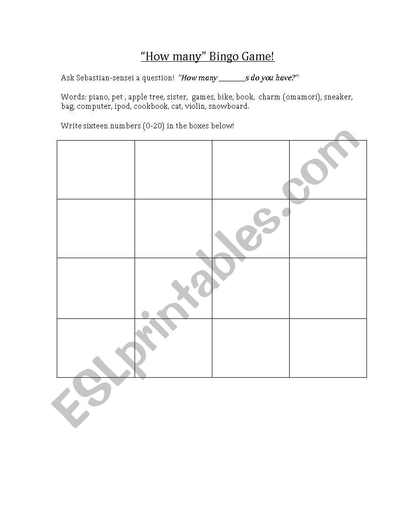 how many bingo game worksheet