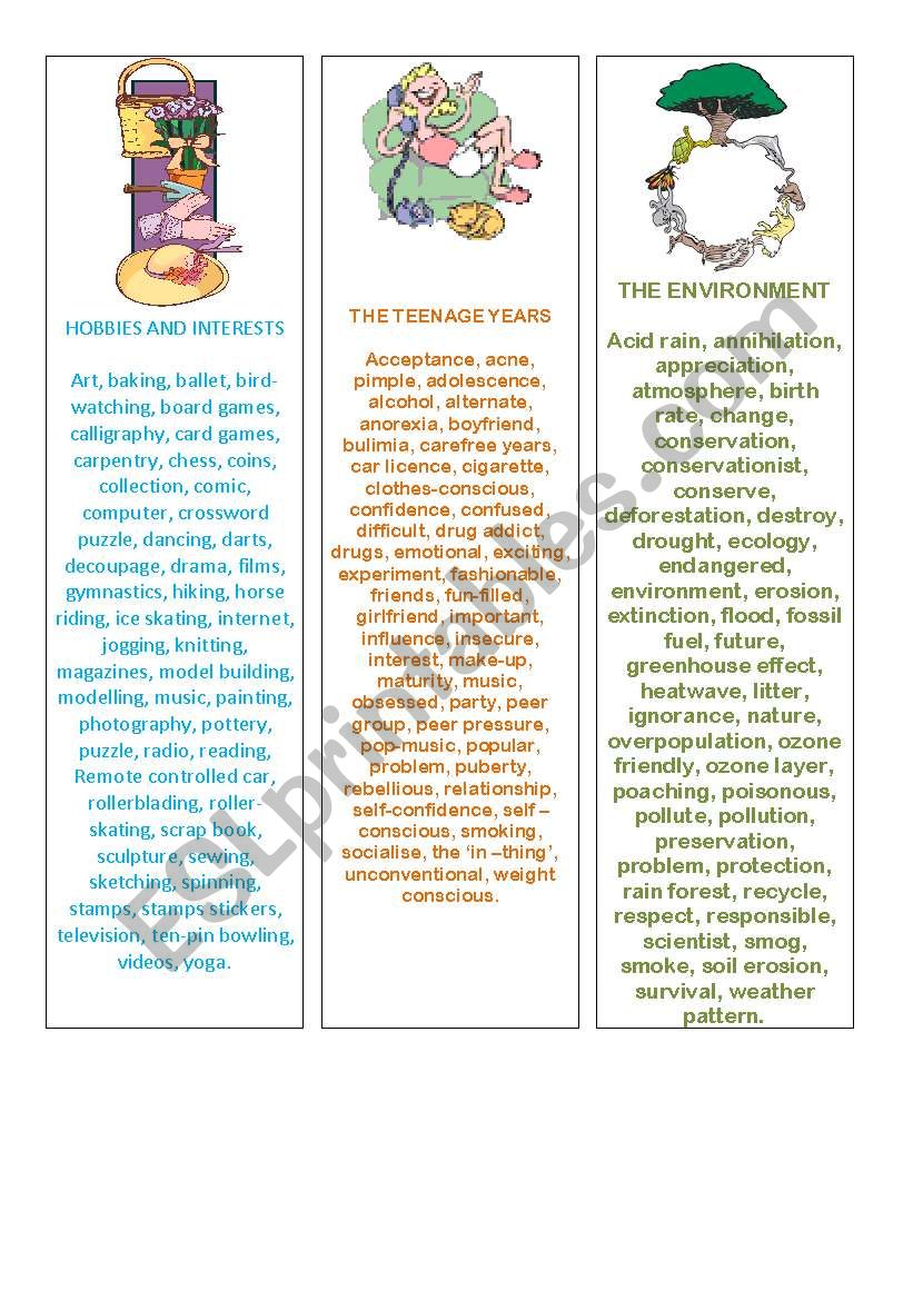 Three theme vocabulary bookmarks