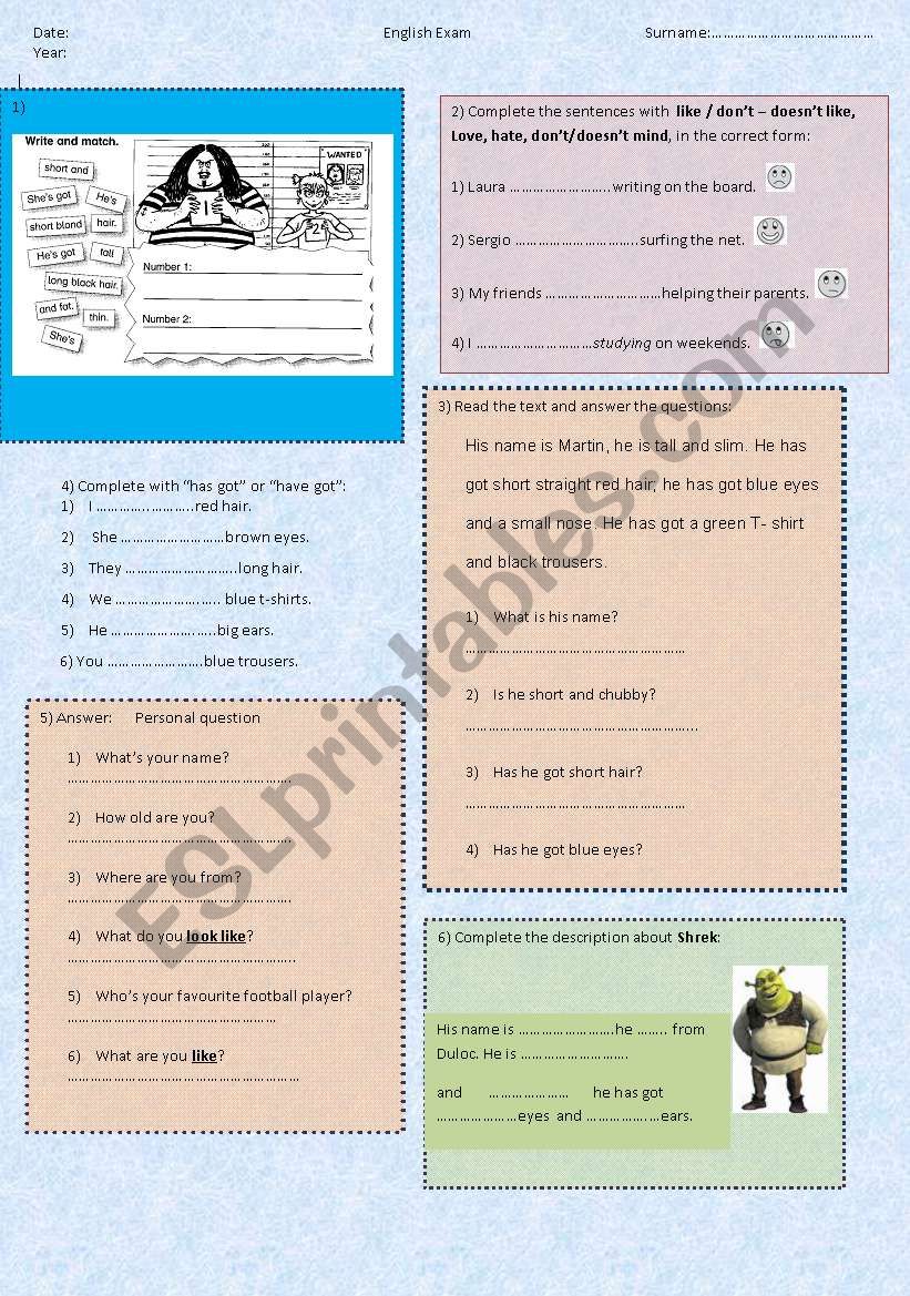 exam on description worksheet