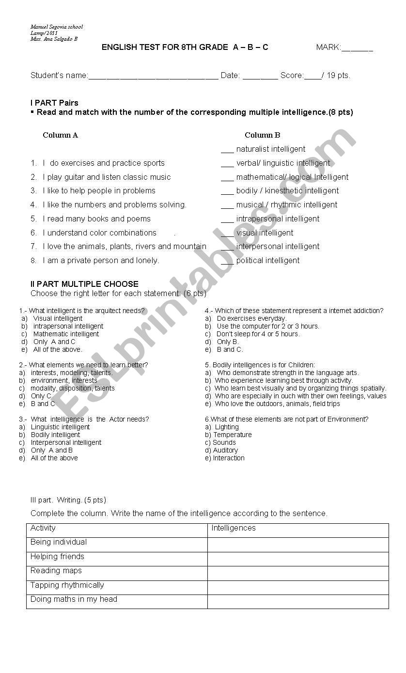 Multiple Intelligences test worksheet