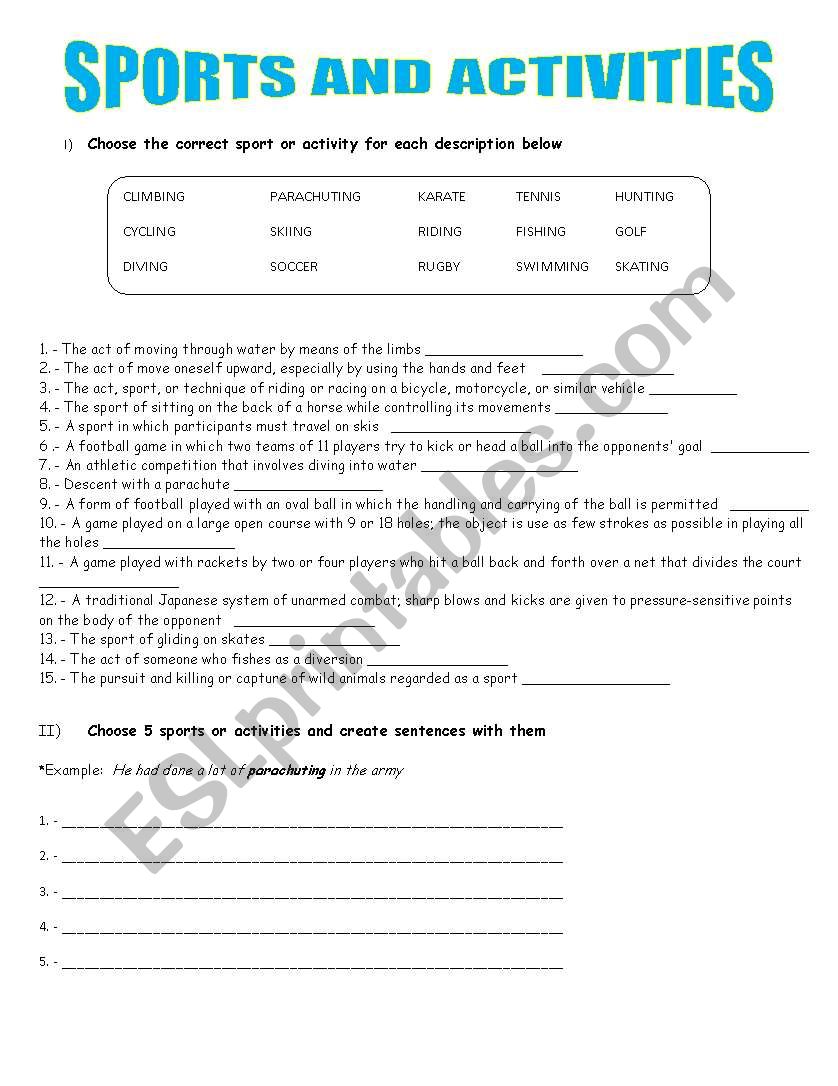 sports and activities  worksheet
