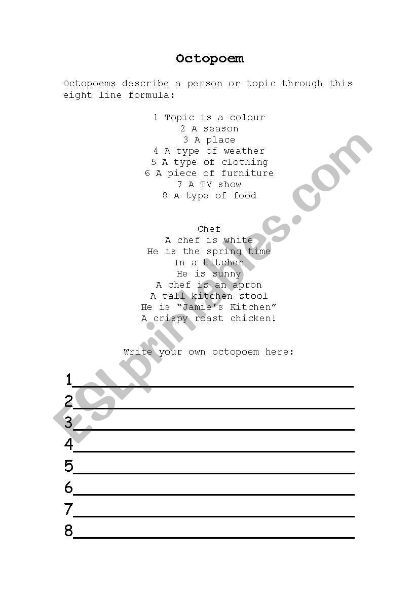 Octopoem Formula and Activity worksheet