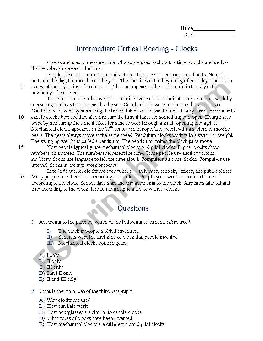 CLOCKS - Critical Reading worksheet