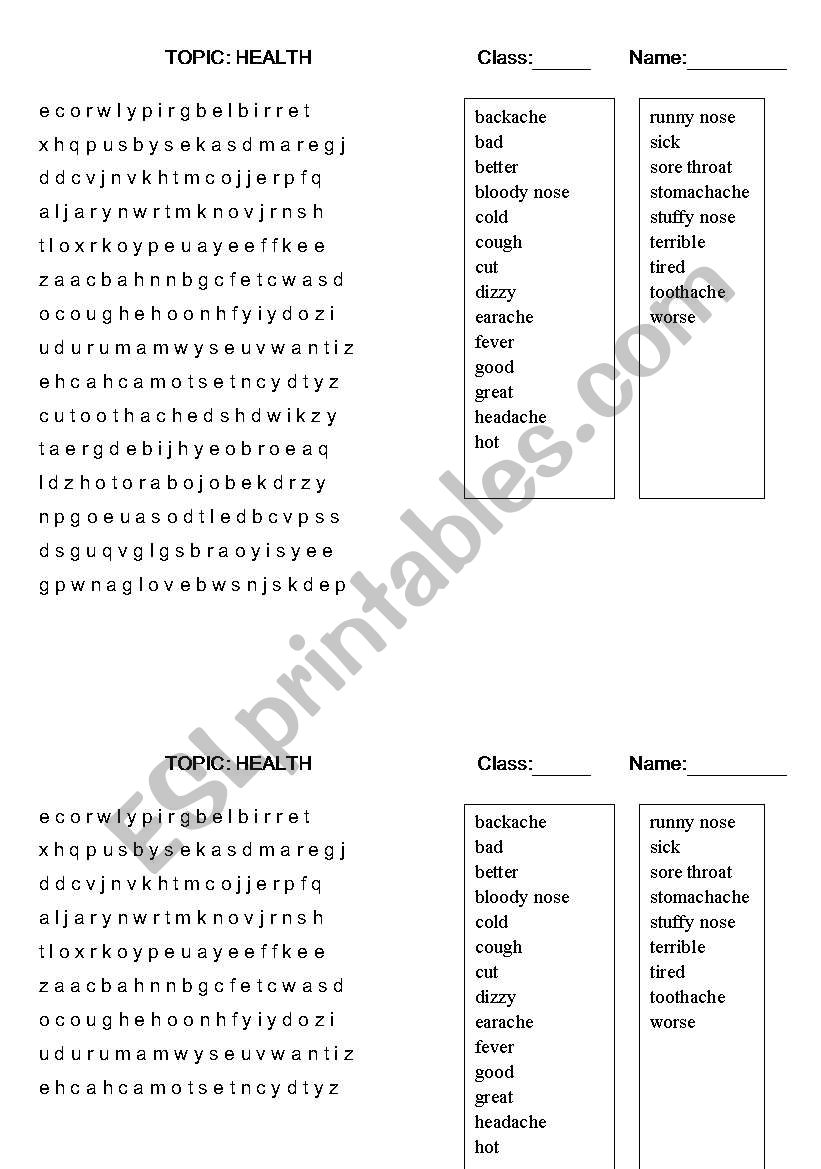 health problem wordsearch worksheet