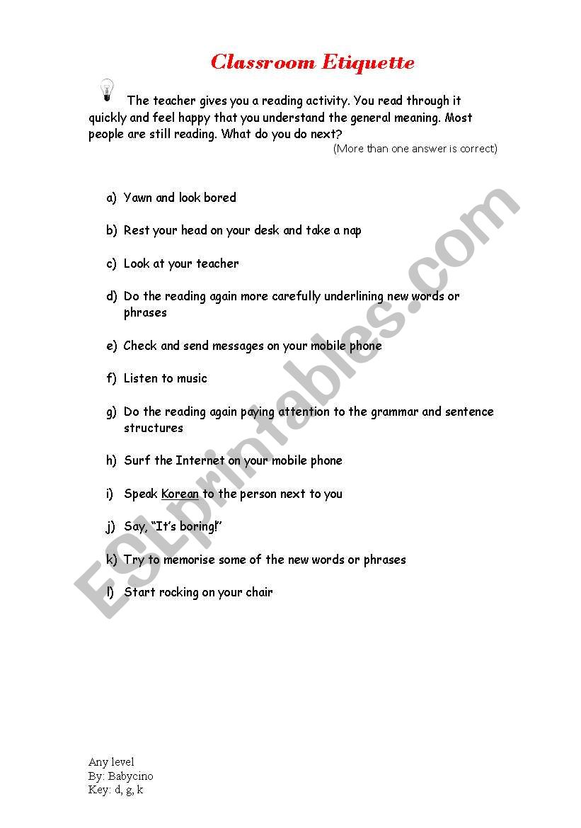 classroom etiquette worksheet