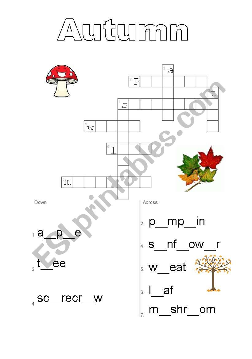 Autumn crossword vocabulary worksheet