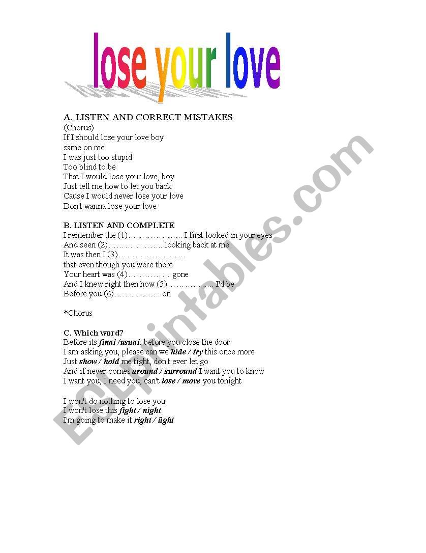 Lose your love worksheet