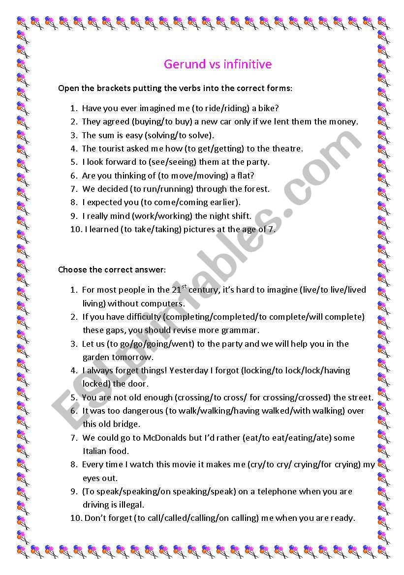 gerund/infinitive 2 worksheet