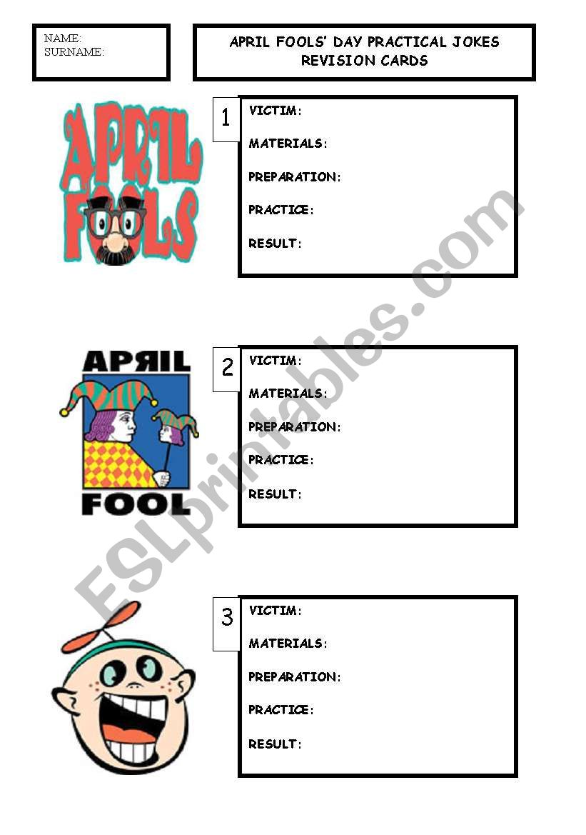 APRIL FOOLS DAY PRACTICAL JOKES REVISION CARDS
