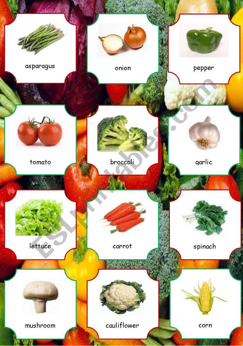 22 Vegetables pictionary worksheet
