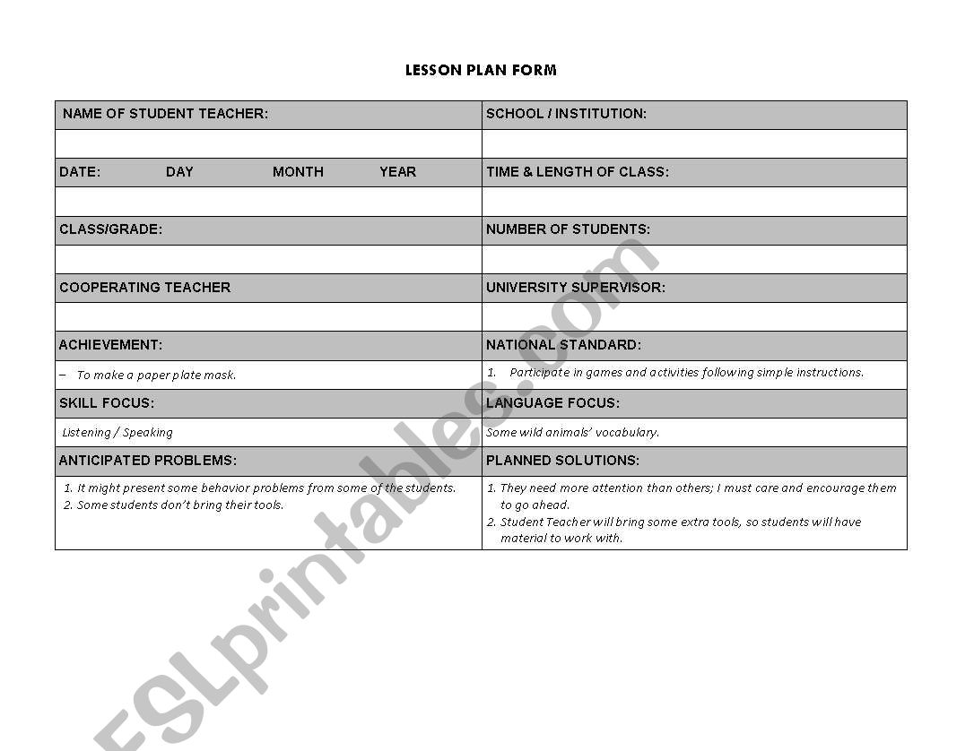 Paper plate mask Lesson plan worksheet