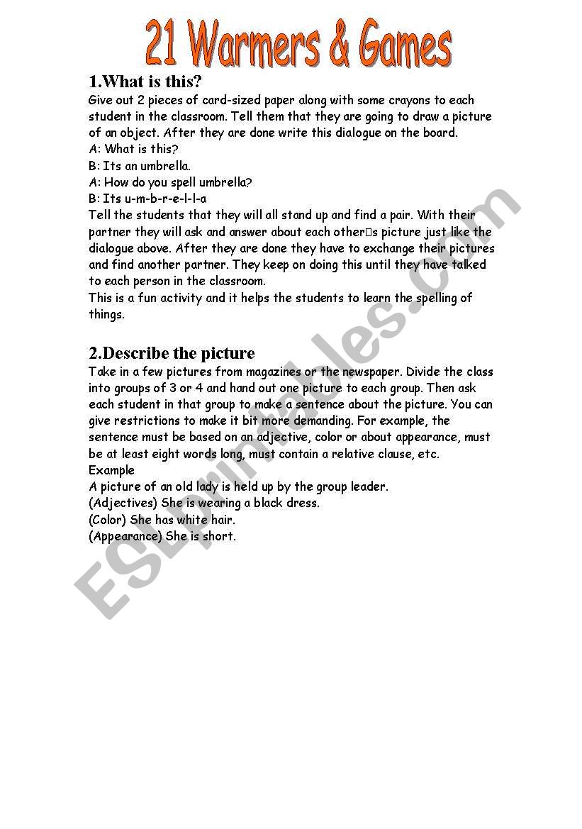 21 warmers & games worksheet