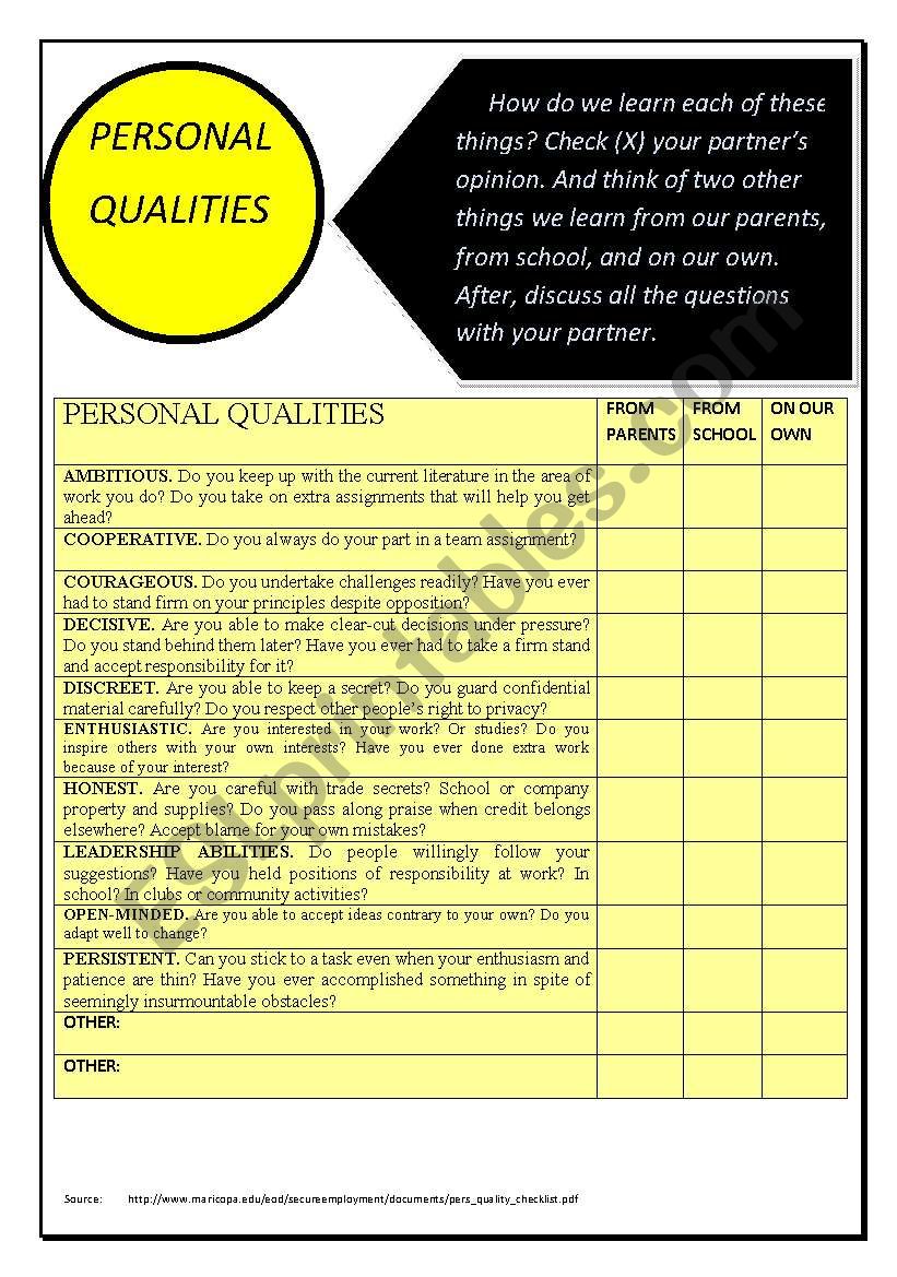 PERSONAL QUALITIES worksheet