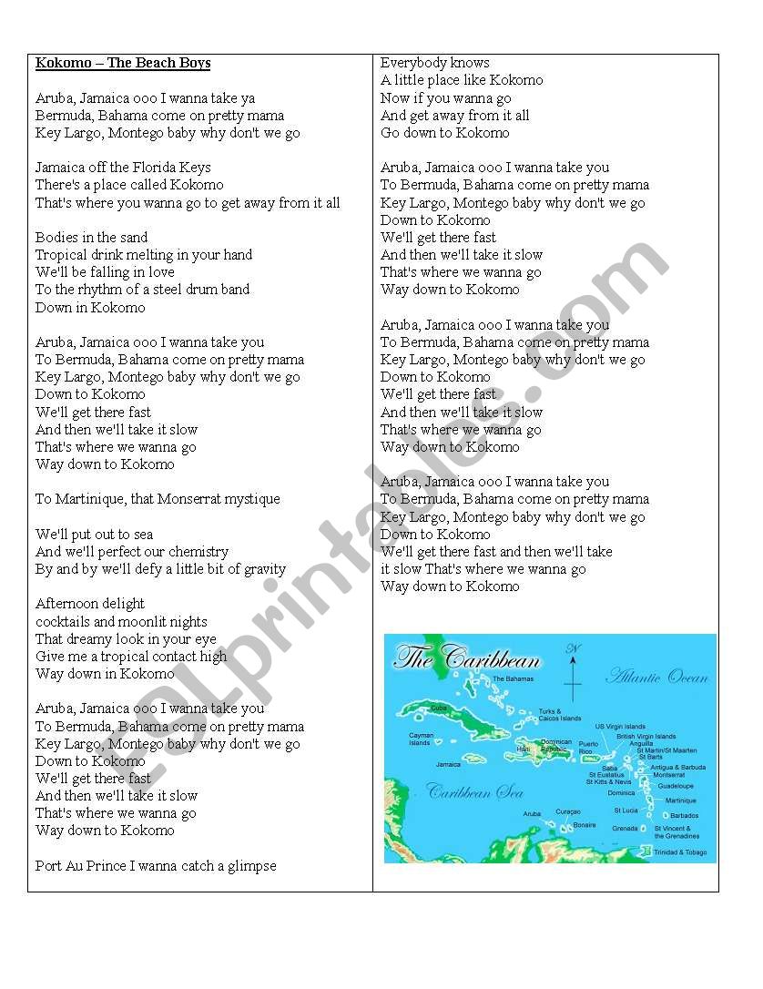 Kokomo (lyrics) worksheet