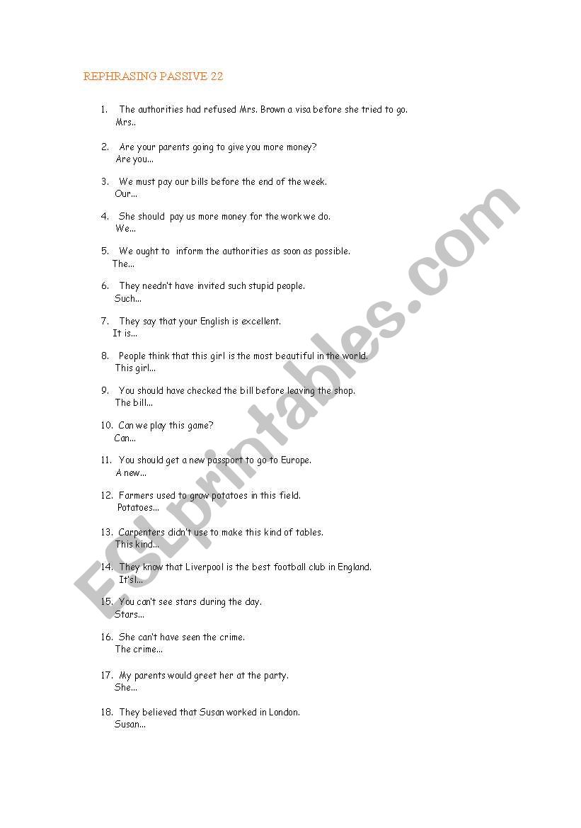 REPHRASING PASSIVE 22 worksheet