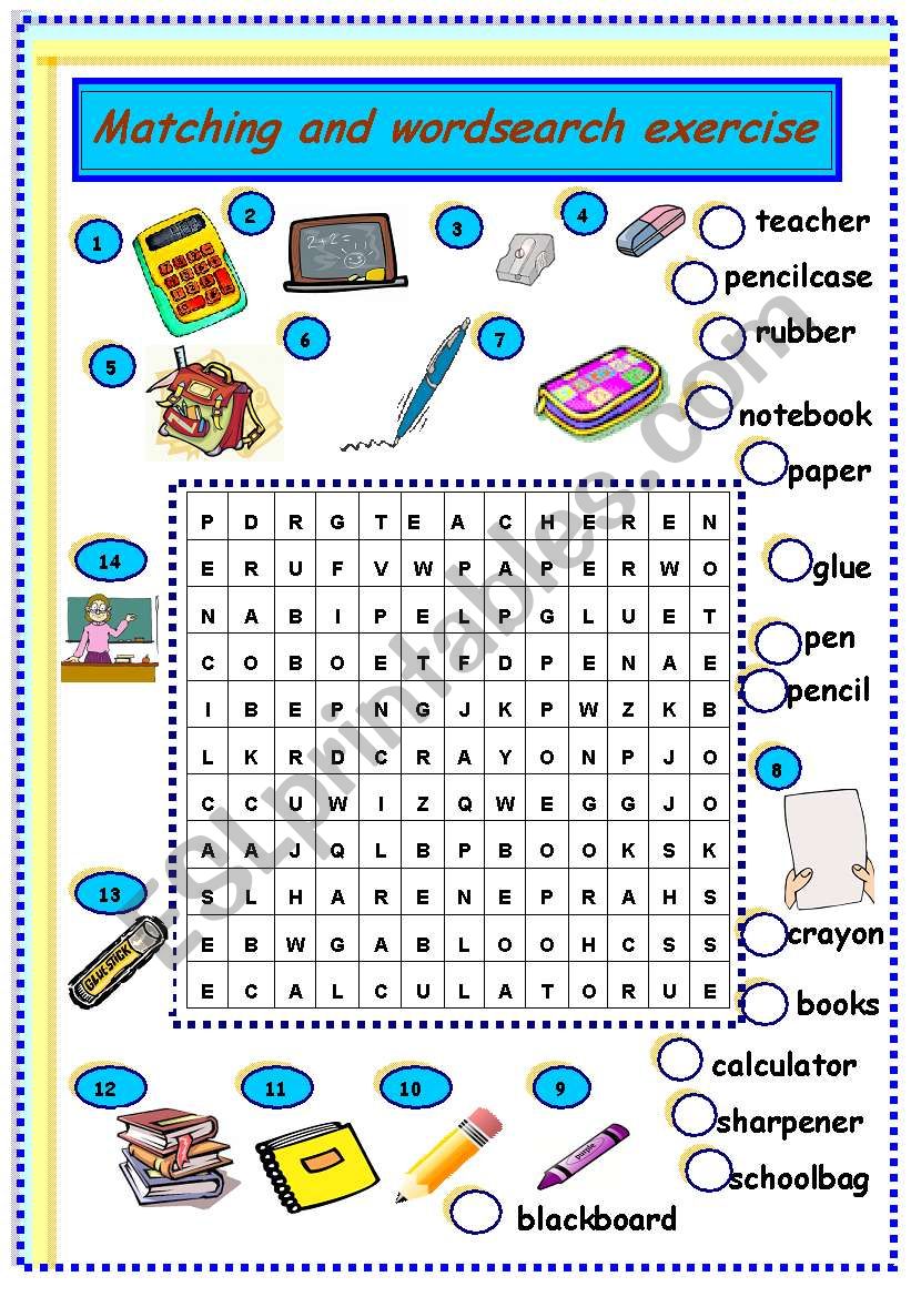 school objects: matching and wordsearch exercise