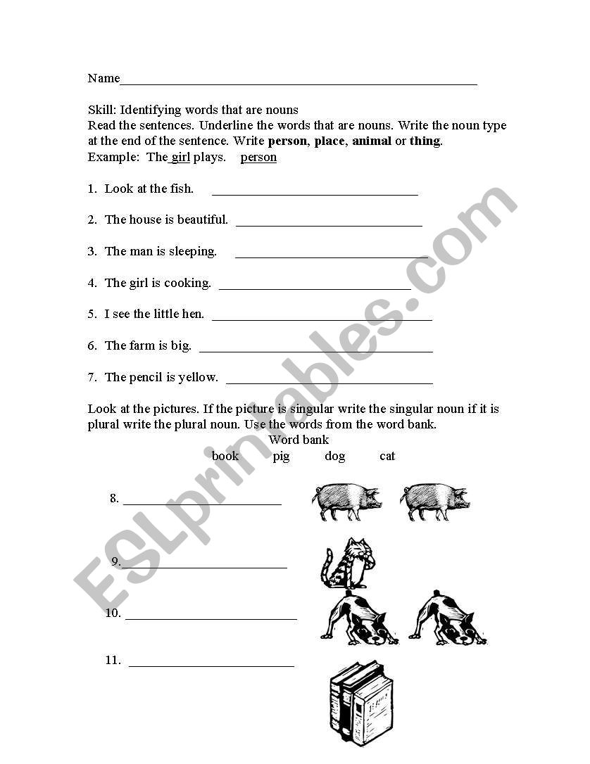 noun test worksheet