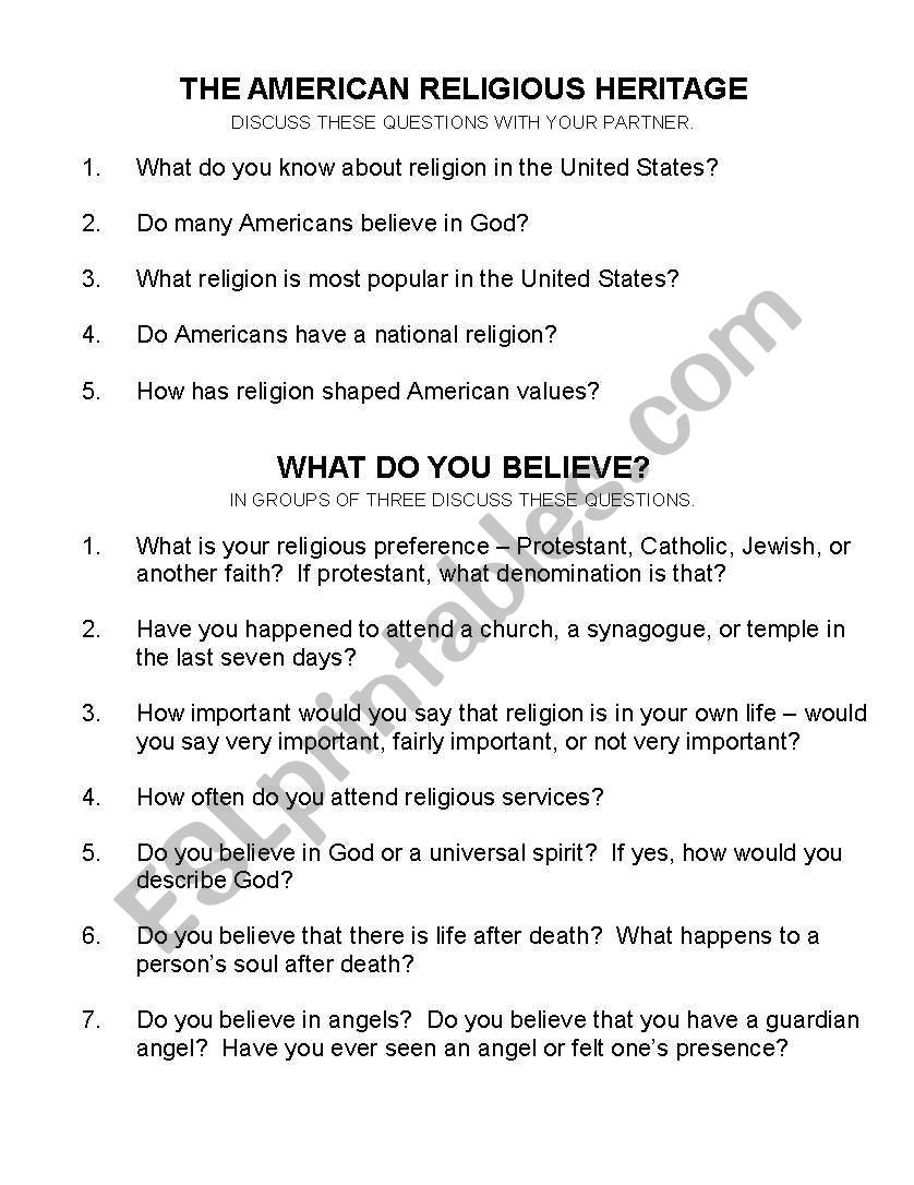 Americas Religious Heritage worksheet