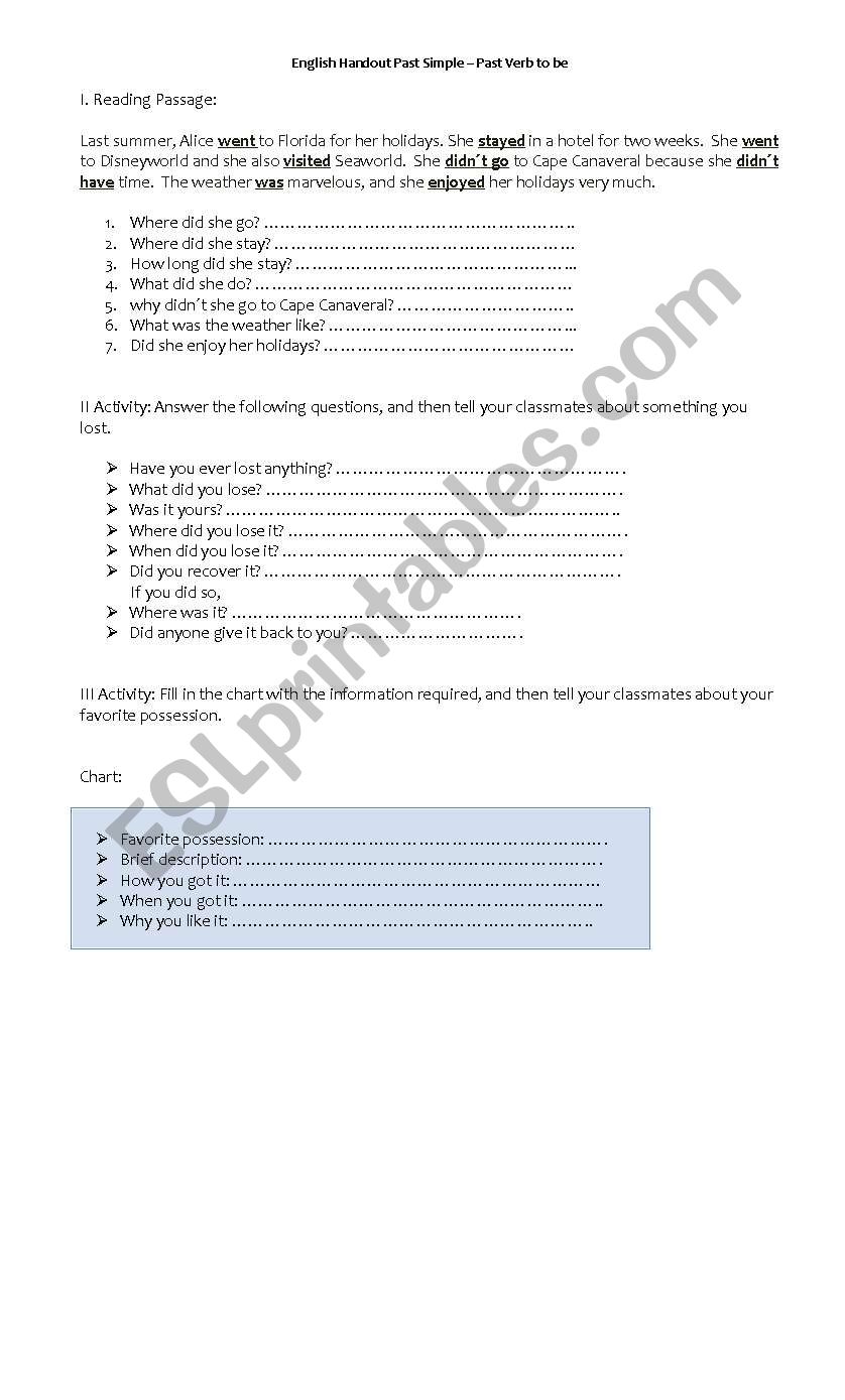 Simple Past  tense activities worksheet