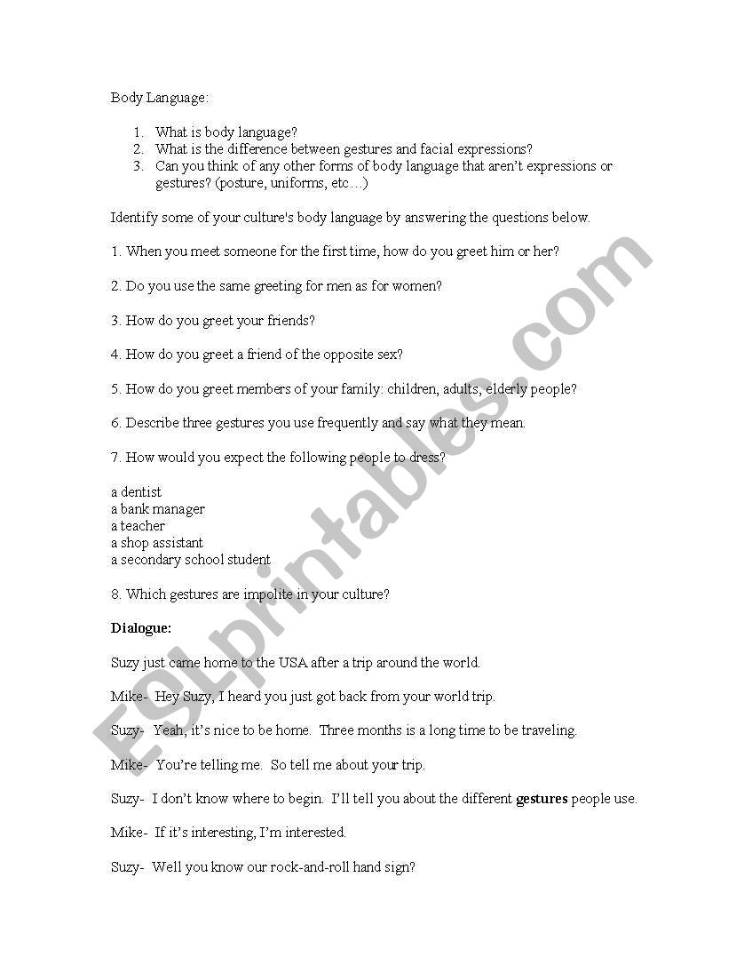 body language worksheet