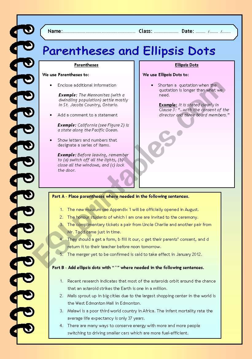 Parentheses and Ellipsis Dots worksheet