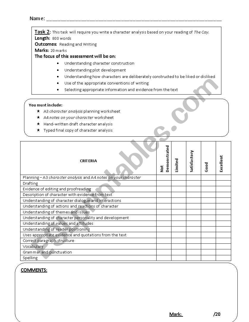 Character Analysis Marking Criteria