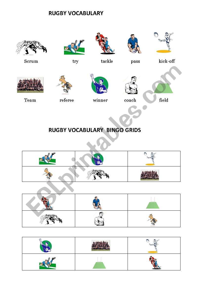 Rugby vocabulary and bingo grid 