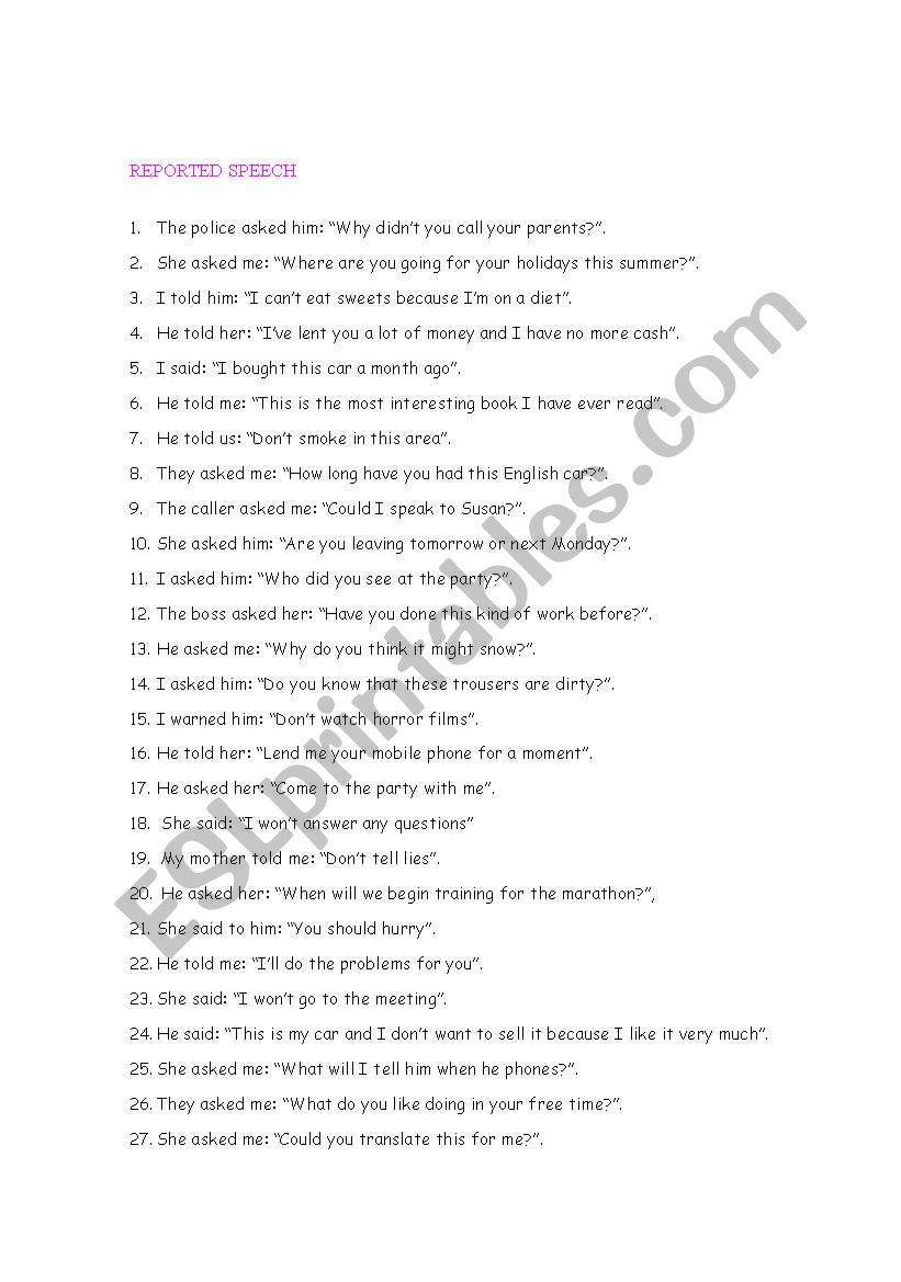 REPORTED SPEECH 10 worksheet