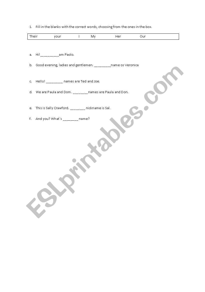Possessive Adjective worksheet