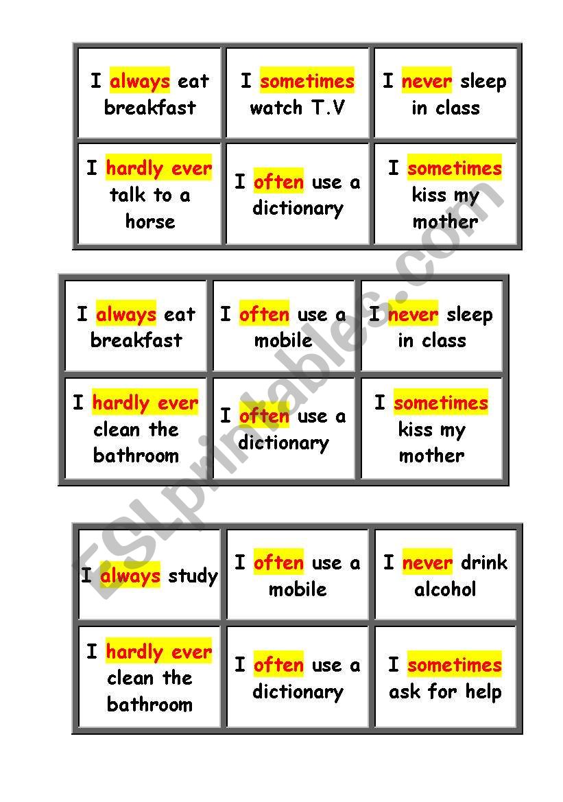 frequency adverbs bingo worksheet
