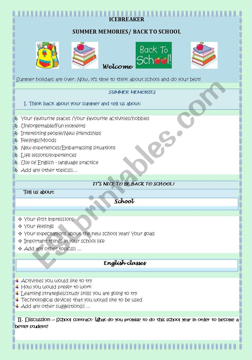 BACK TO SCHOOL - ICEBREAKER- SUMMER MEMORIES/ITS NICE TO BE BACK TO SCHOOL!