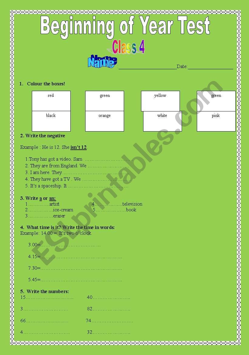 Begining of Year test class 4 worksheet