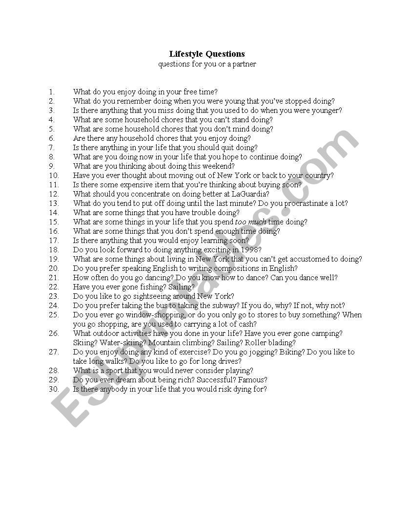 Lifestyle questions worksheet