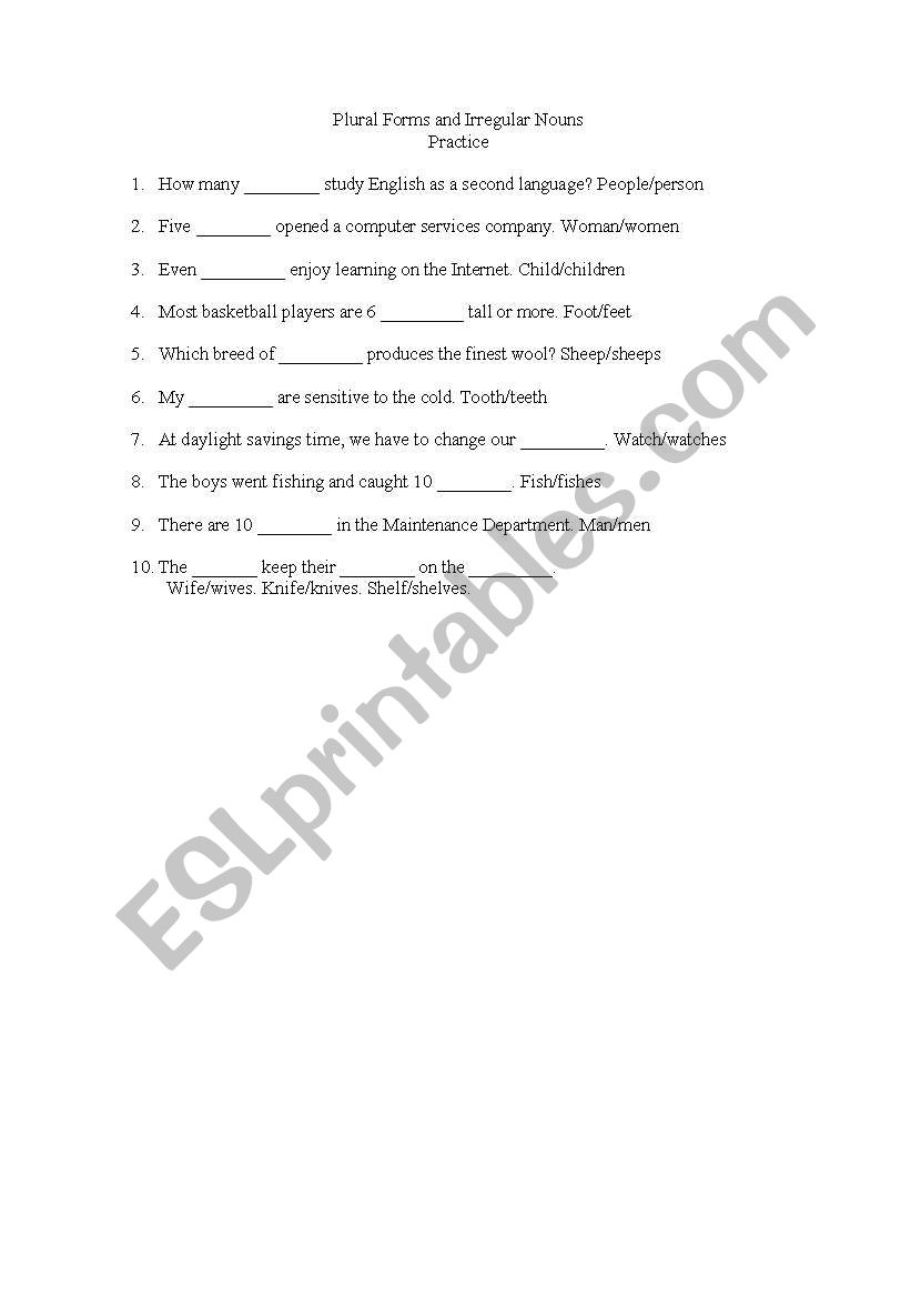 Plural of Irregular nouns worksheet