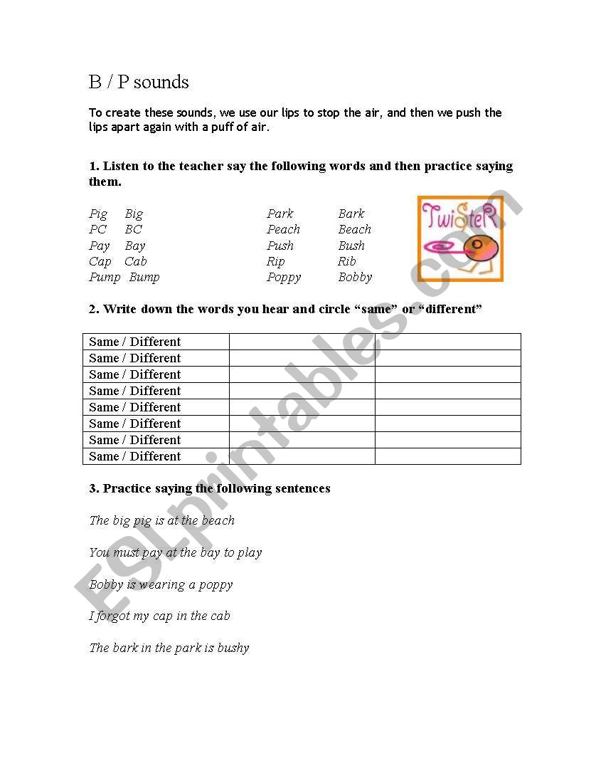 B P pronunciation drills worksheet