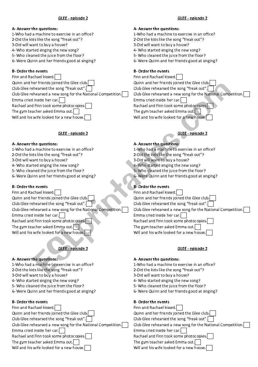 Glee eps 2 & 3 worksheet