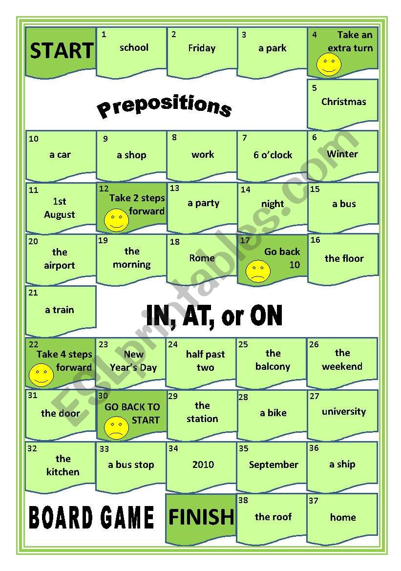 IN, AT, ON Prepositions Board Game