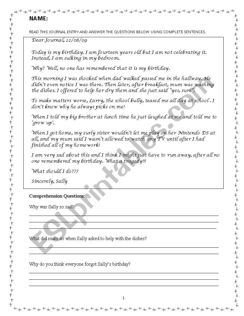 Journal Comprehension worksheet