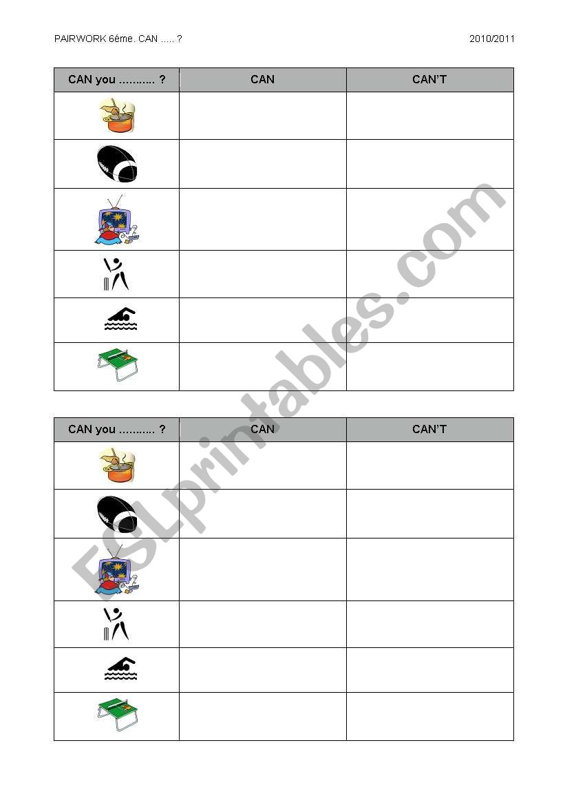 Pairwork CAN/Hobbies worksheet