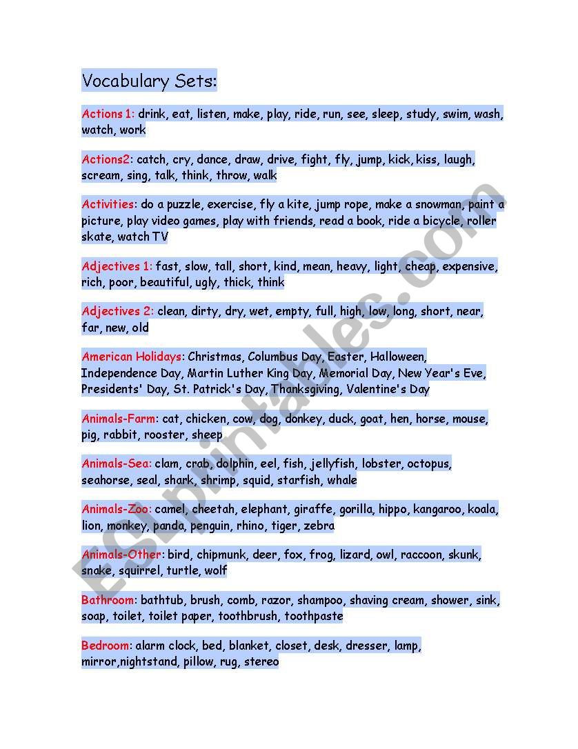 vocabulary sets worksheet
